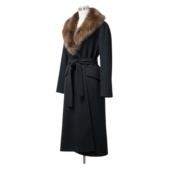 Prada Black Wool Wrap Coat with Fox Collar Size 46 (US Size 10) - Picture 1 of 16